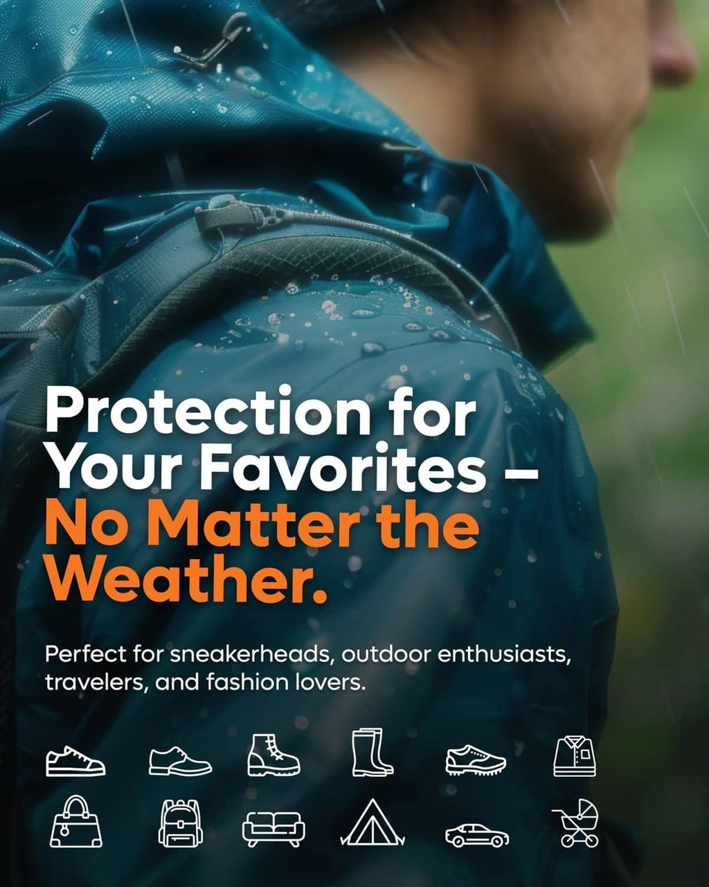 Waterproofing spray promotional graphic with shoe and gear icons