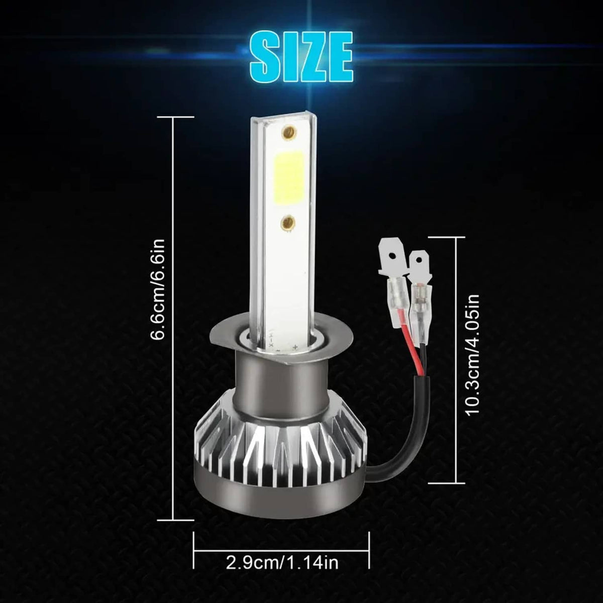 H1 LED headlight bulb with measurements shown: LED module and heat sink dimensions