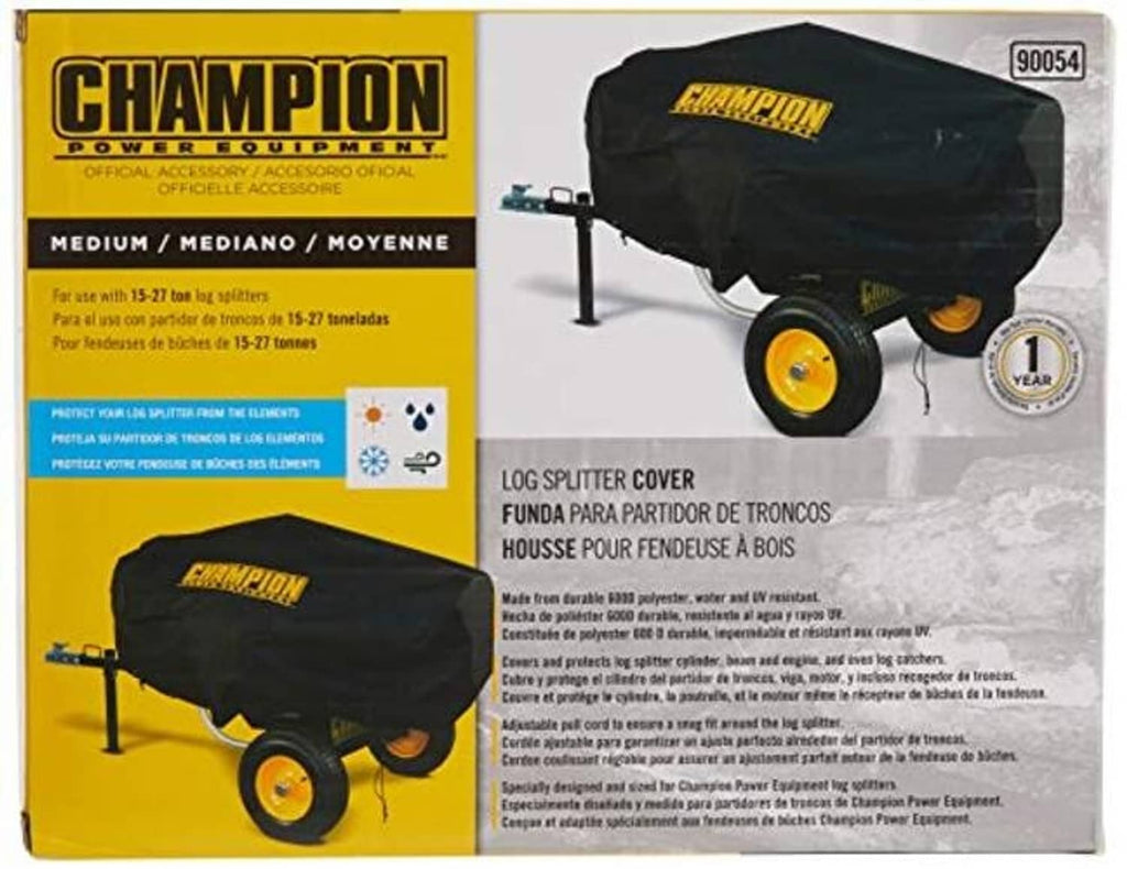 Black log splitter cover in packaging with Champion logo