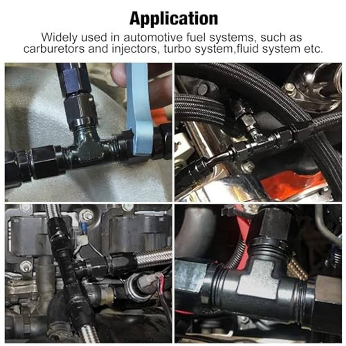 Black AN tee fitting shown installed among automotive engine fuel components