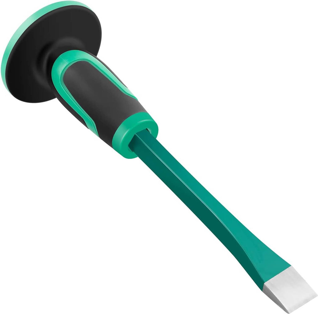 Teal and black flat-end masonry chisel with hand protector guard and metal striking face