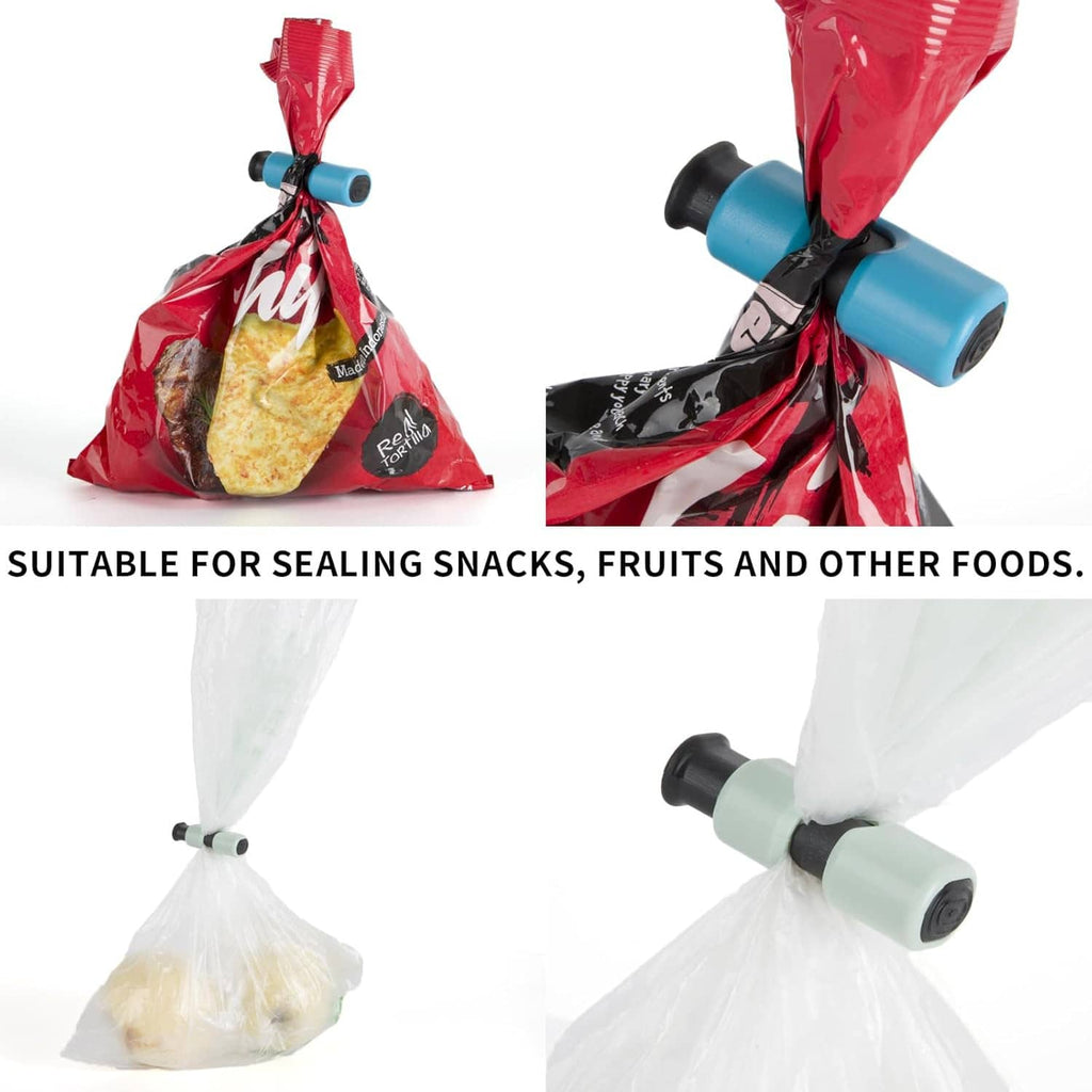 Squeeze-lock clips securing snack bags with red and blue clip bodies