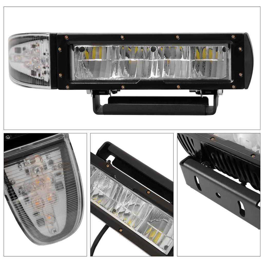 Heated LED plow light bar with clear lens, metal housing, and mounting bracket