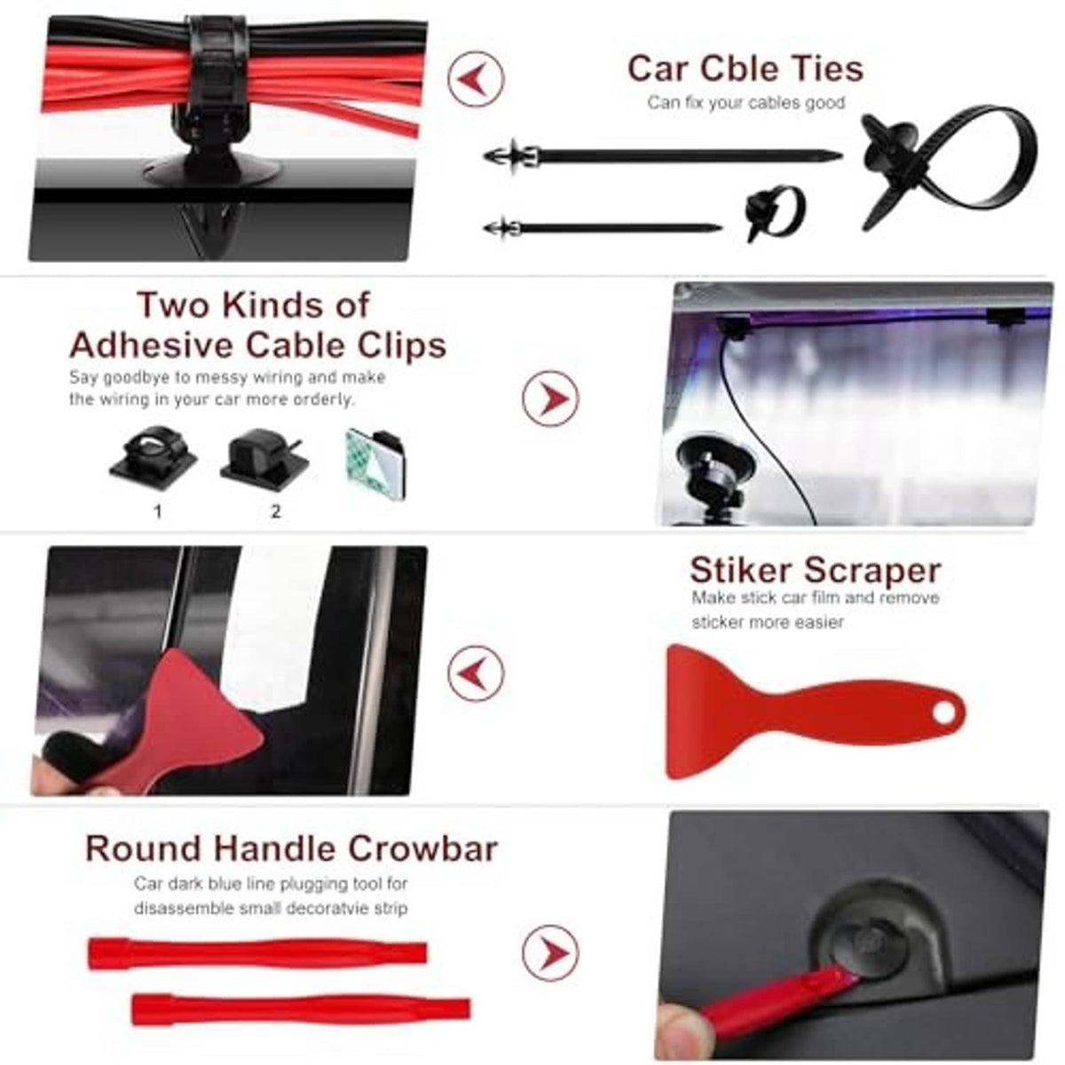 Car accessory set with cable ties, sticker scraper, and round handle crowbar