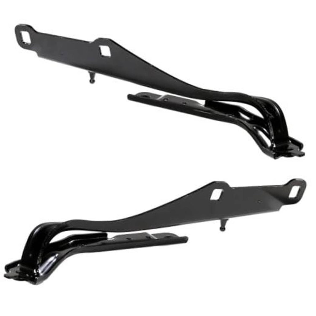 Black hood hinge arms with curled end mounts, pair for front sides