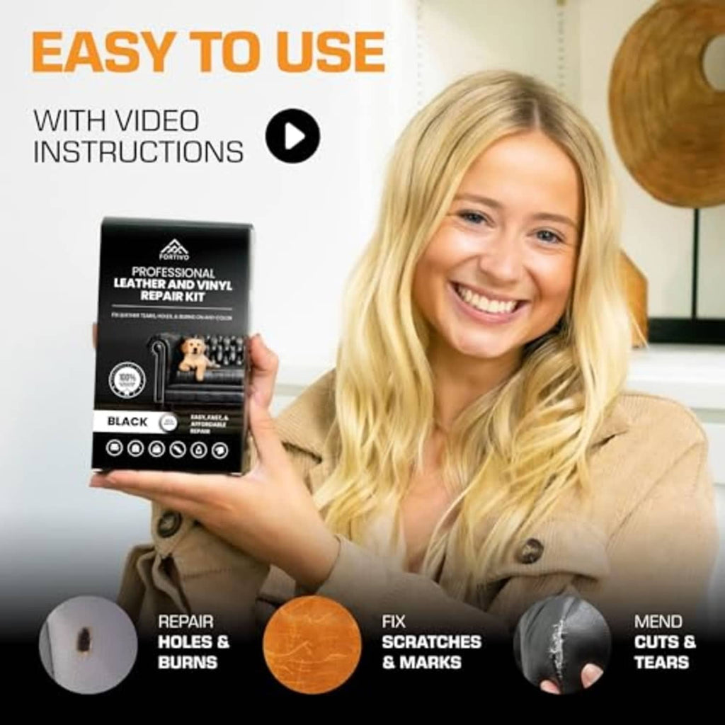 Black leather and vinyl repair kit box with video instructions shown on front