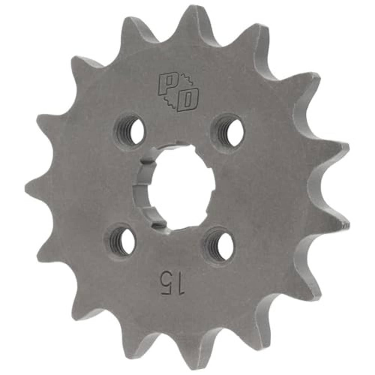 Grey steel front sprocket gear with central bore, teeth, and 4 bolt holes