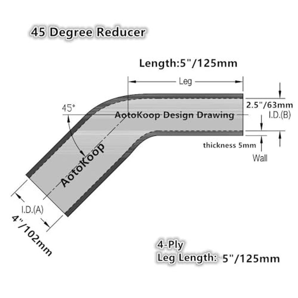 Diagram of black 45° reducer with 2.5–4 in ID, 4‑ply, 5 in length