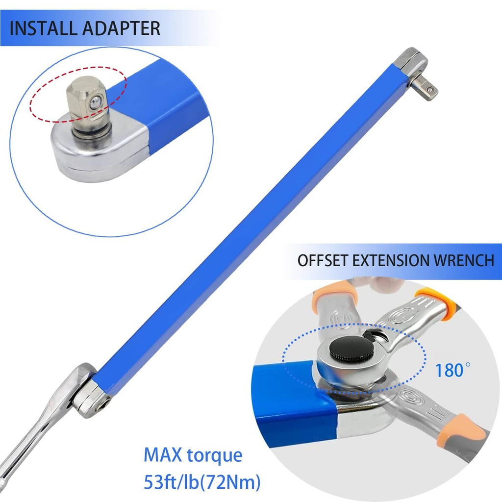 Blue offset extension wrench with chrome swivel head and socket adapter