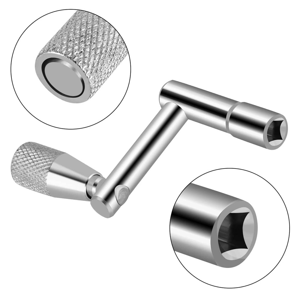 Drum tuning key with textured grip and drill bit socket ends, silver set