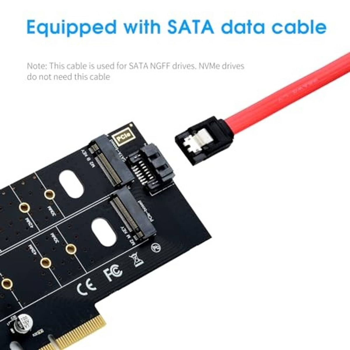 PCIe M.2 adapter card with red SATA data cable and connector