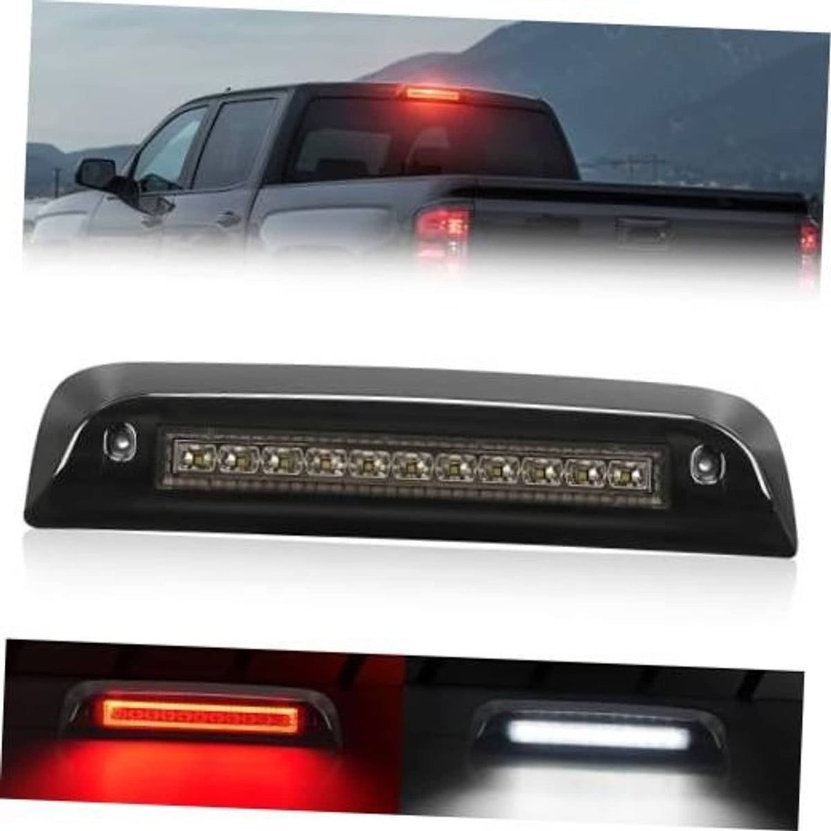 Third brake light LED bar with clear lens and red light in black housing
