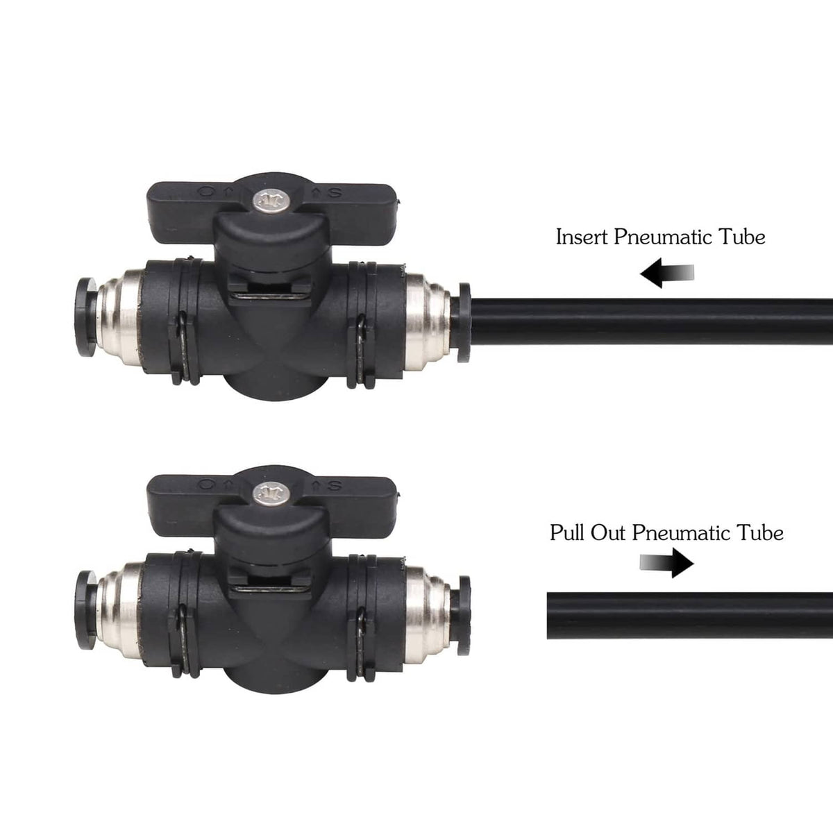 Pneumatic push-connect valve with insert and pull-out tube connection