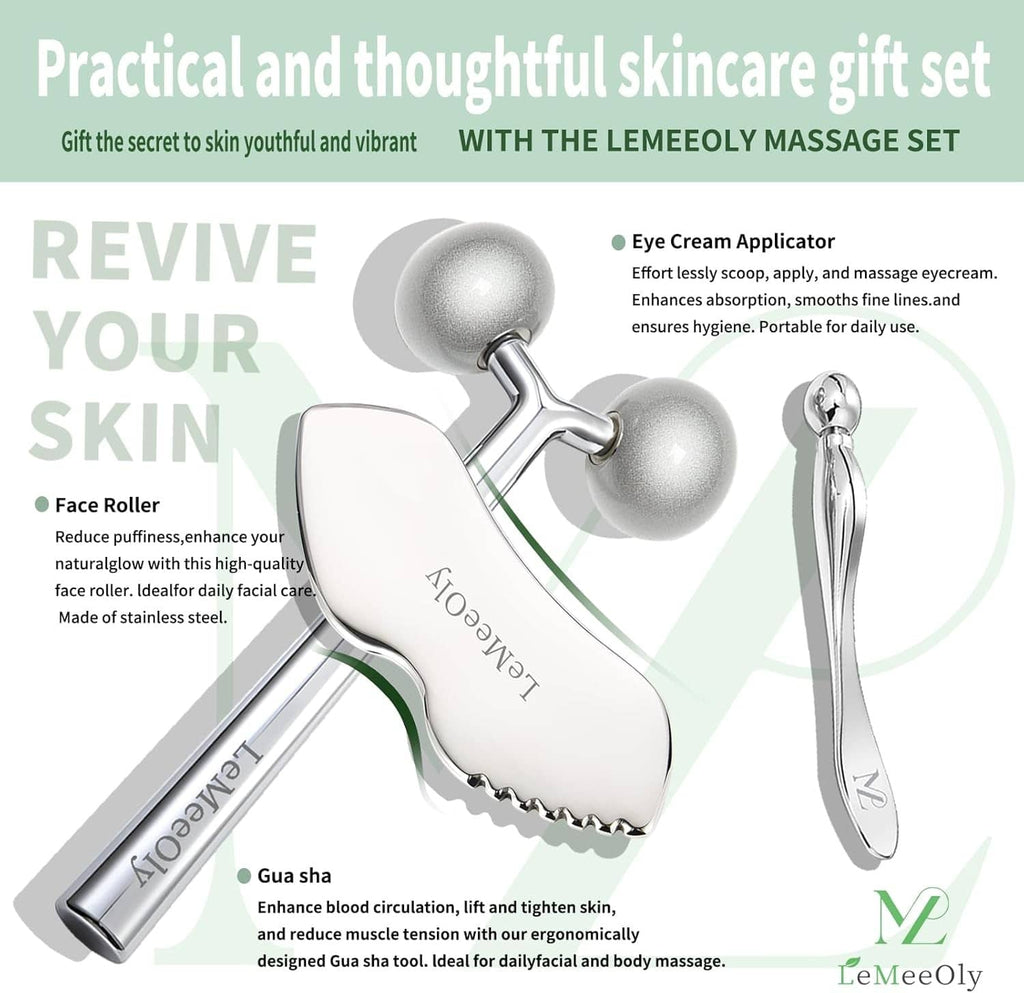 Facial massage tool set showing gua sha, face roller, and eye cream applicator, silver