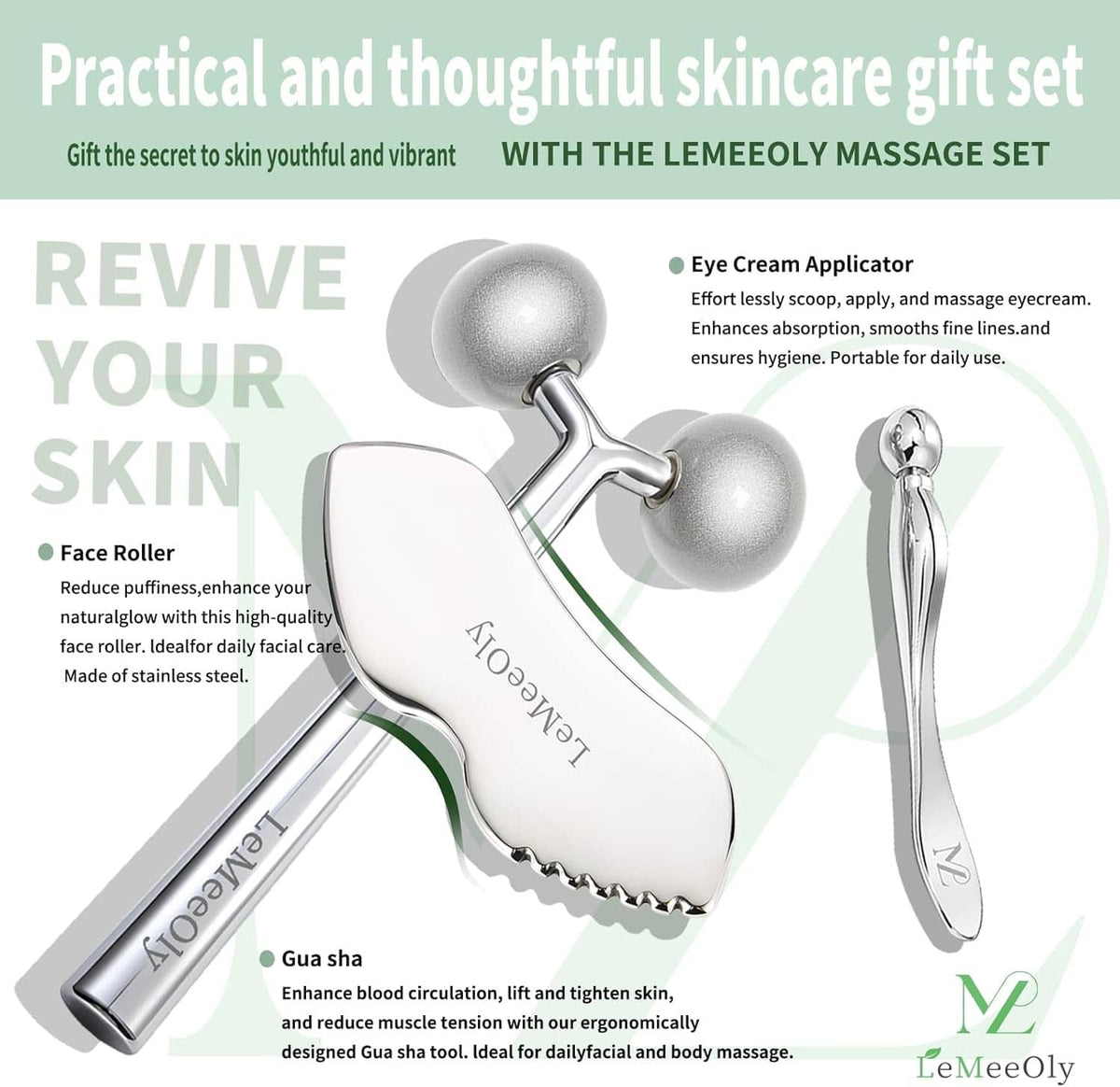 Facial massage tool set showing gua sha, face roller, and eye cream applicator, silver