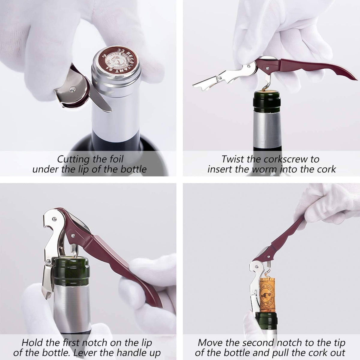 Wine corkscrew with maroon handle, foil knife, and cork-pull worm mechanism