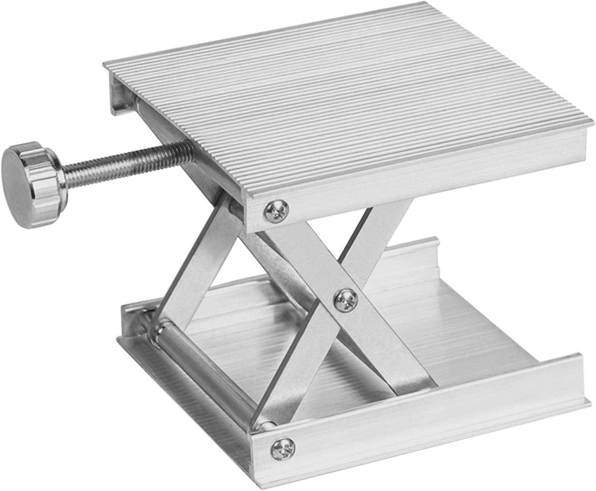 Laboratory lifting platform jack with ribbed platform plates and round hand wheel, silver