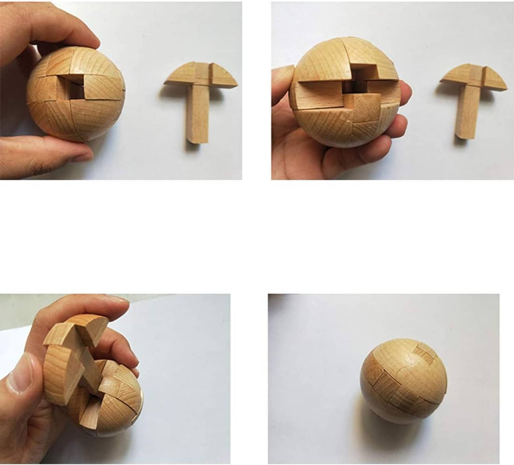 Wooden puzzle sphere with one piece removed, shown with loose wooden pegs