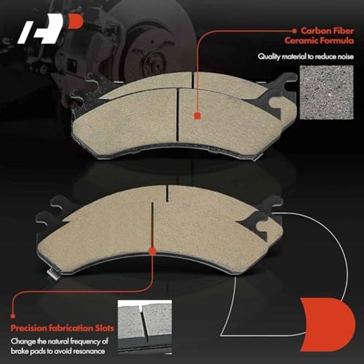 Ceramic brake pads with tan friction surfaces and backing plates for vehicle braking