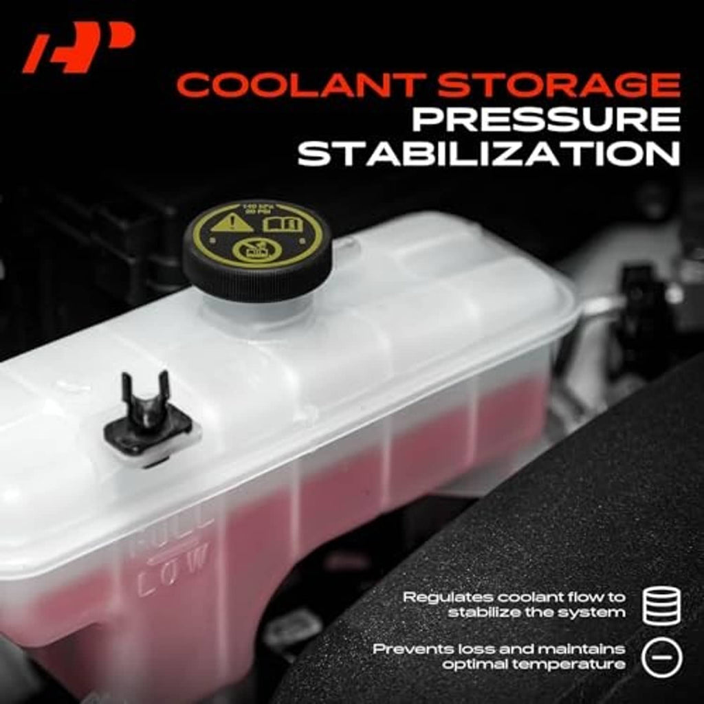 White translucent coolant storage reservoir with cap, pink fluid level visible