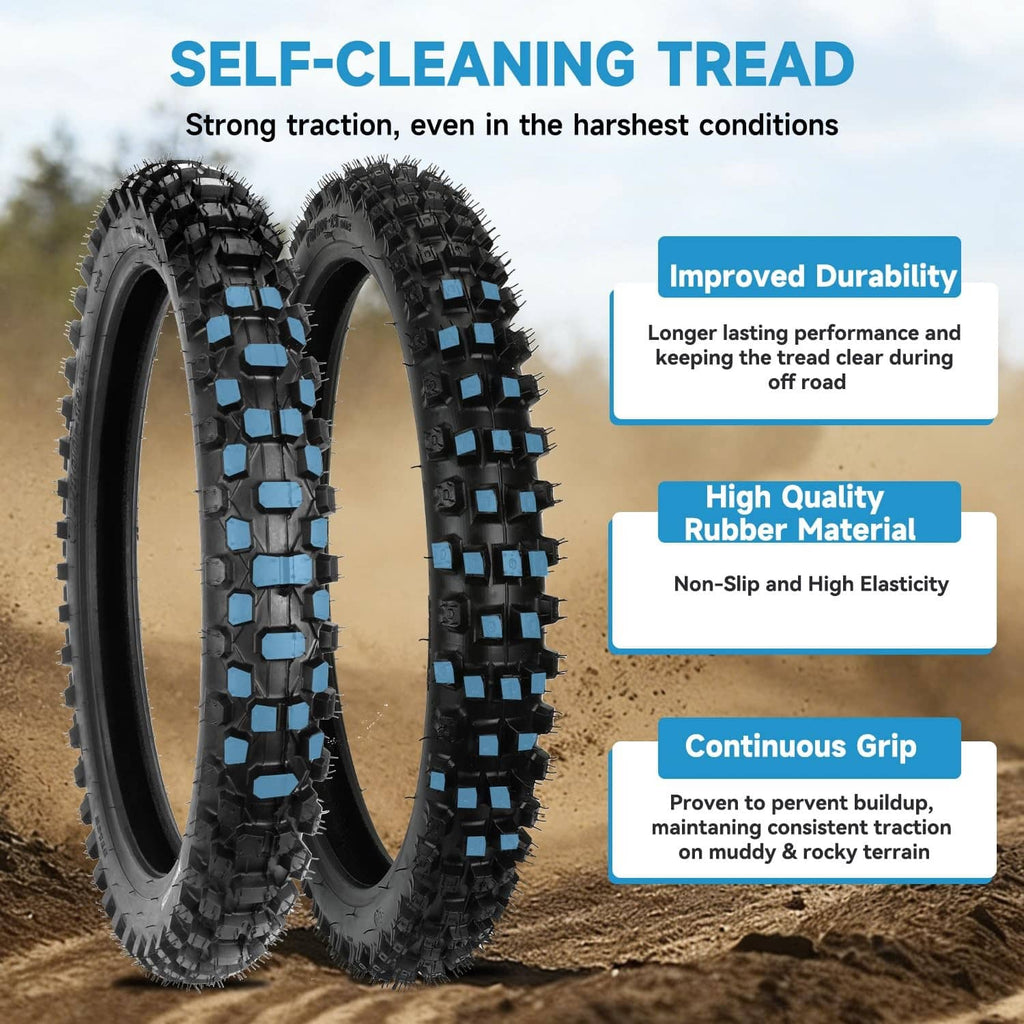Knobby dirt bike tire tread pair with self-cleaning style for improved grip