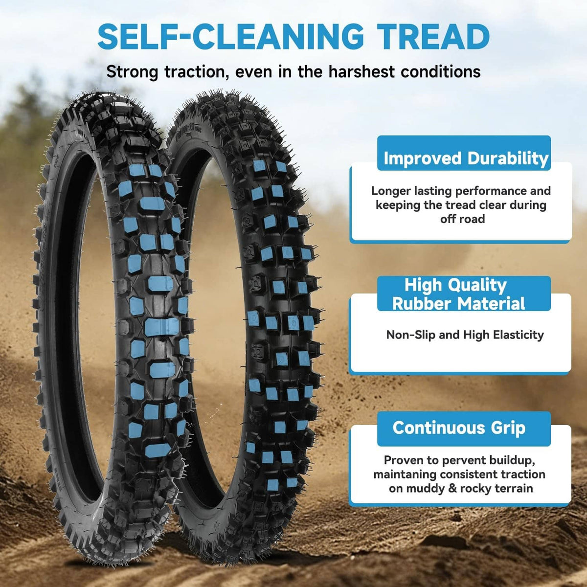 Knobby dirt bike tire tread pair with self-cleaning style for improved grip