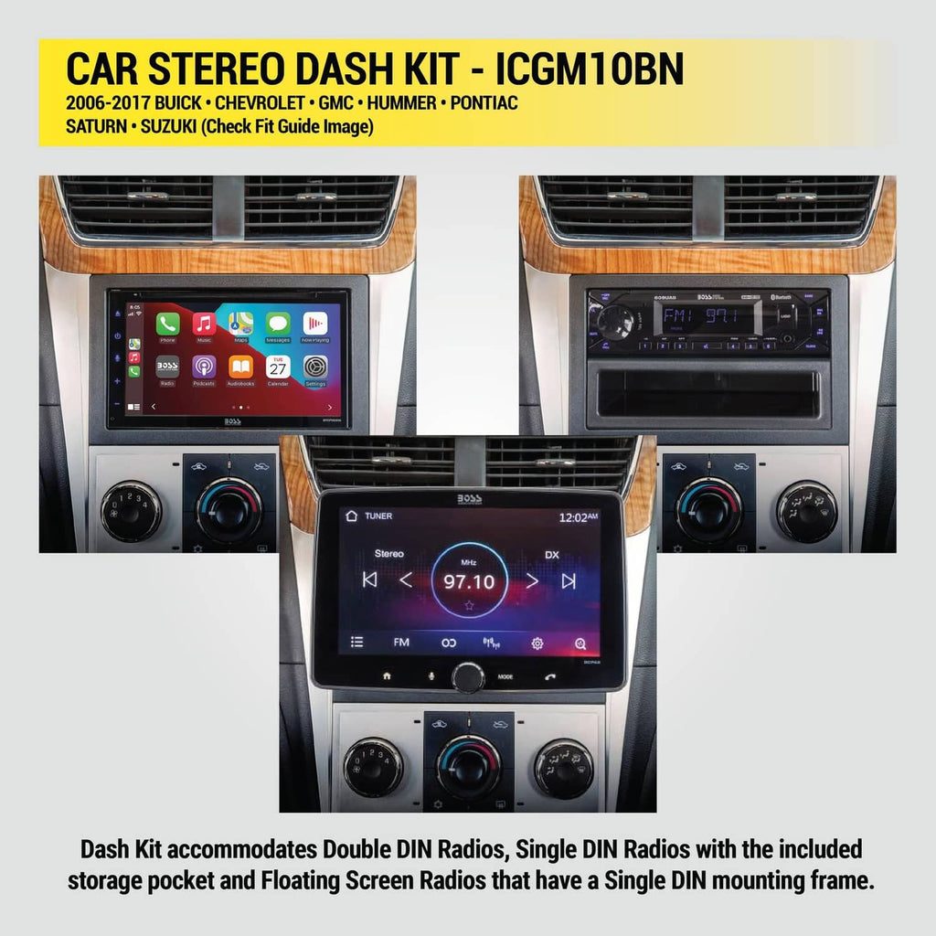 Car stereo dash kit shown with installed single DIN radio and faceplate