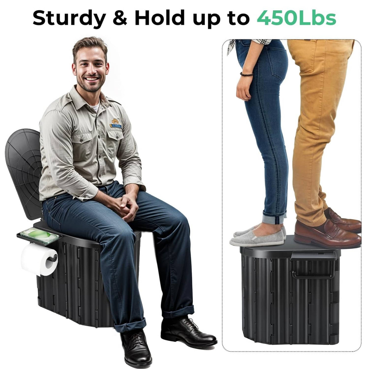 Black portable camping toilet with folding lid and rounded seat opening