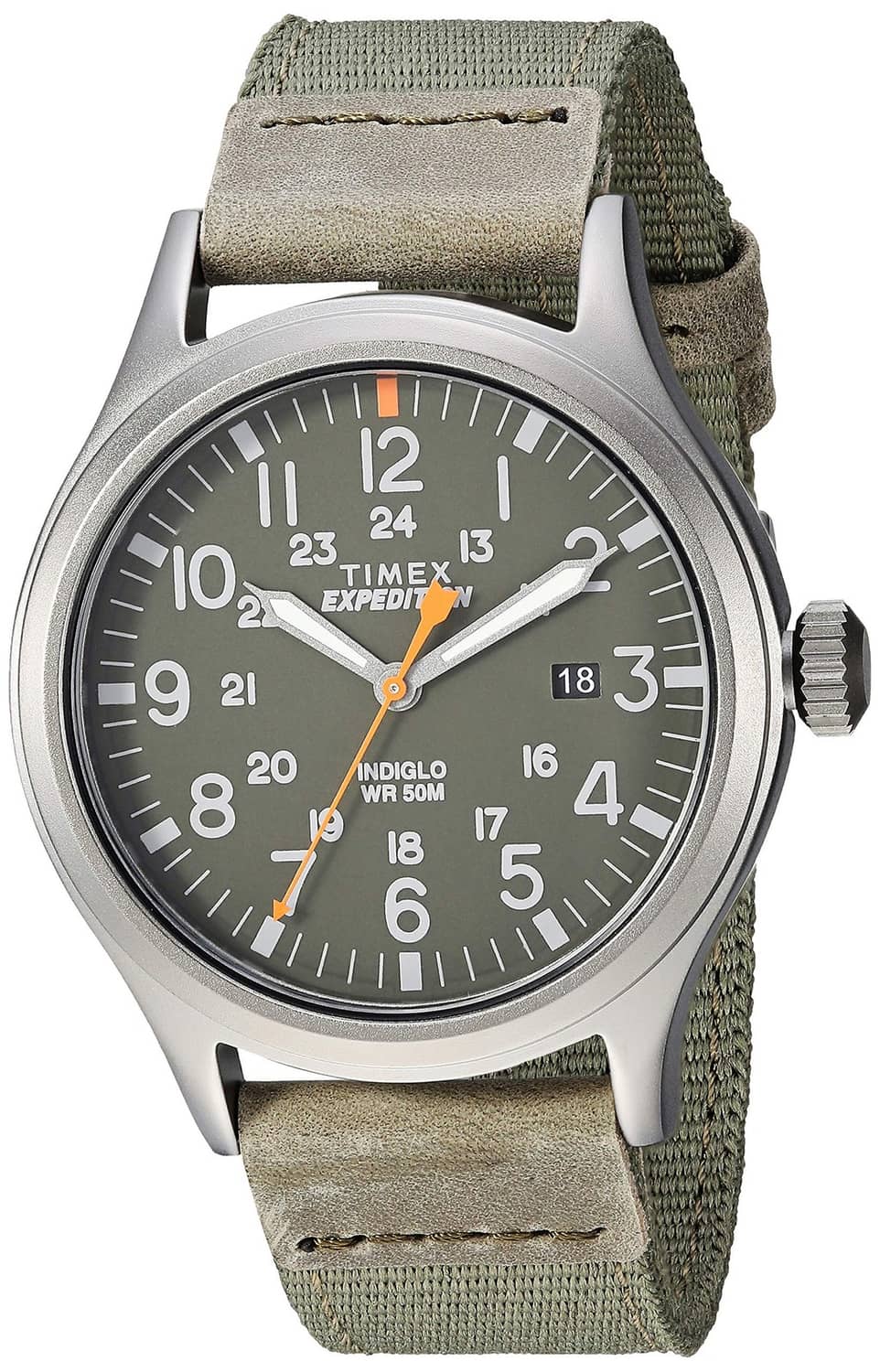 Timex Expedition 40mm watch with gray case and green canvas strap, dark dial