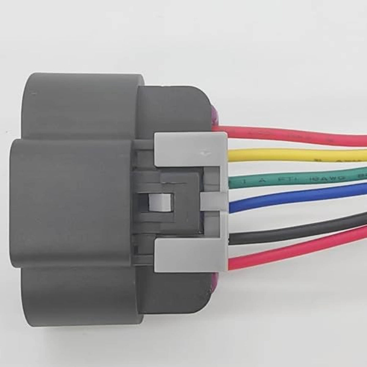 Accelerator pedal sensor connector wiring harness, gray housing with side latch and colored leads
