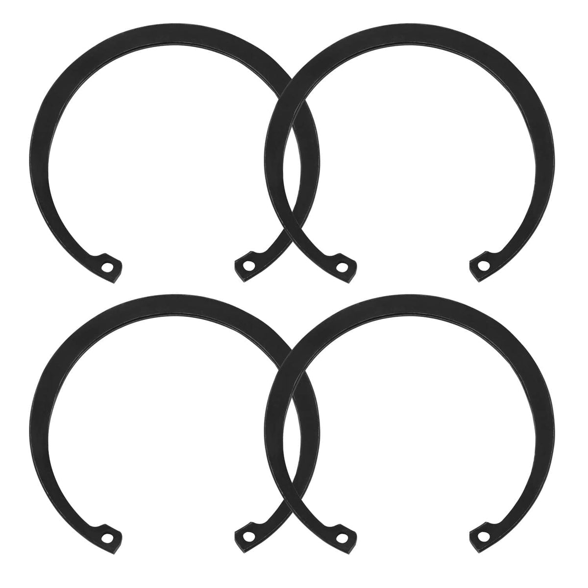 Set of four black wheel bearing retaining rings with snap tabs