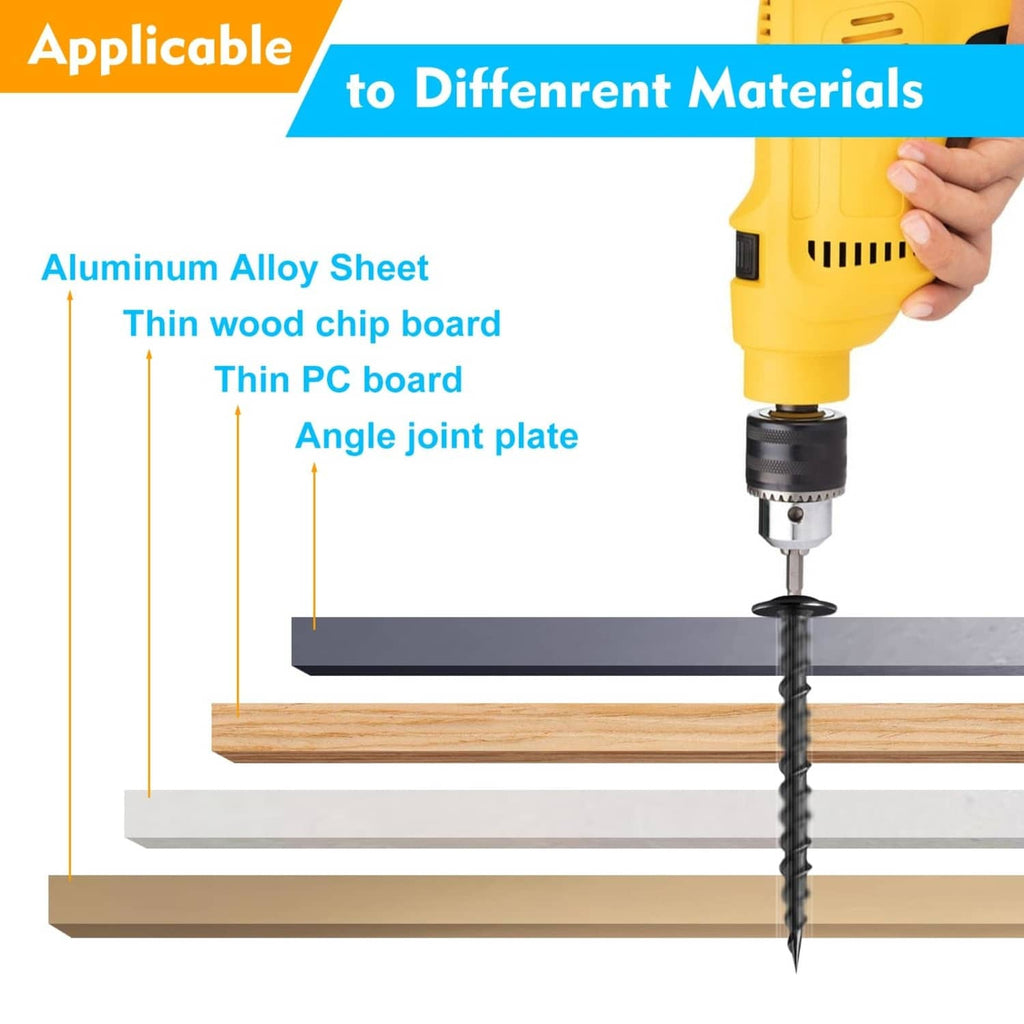 Black self-tapping screw being driven into wood with a power drill bit