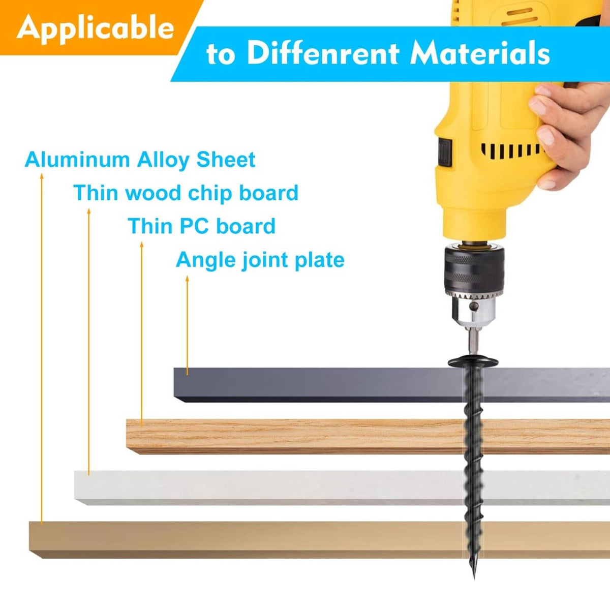 Black self-tapping screw being driven into wood with a power drill bit