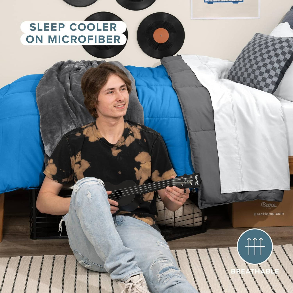 Reversible twin XL comforter set showing blue and grey sides, quilted