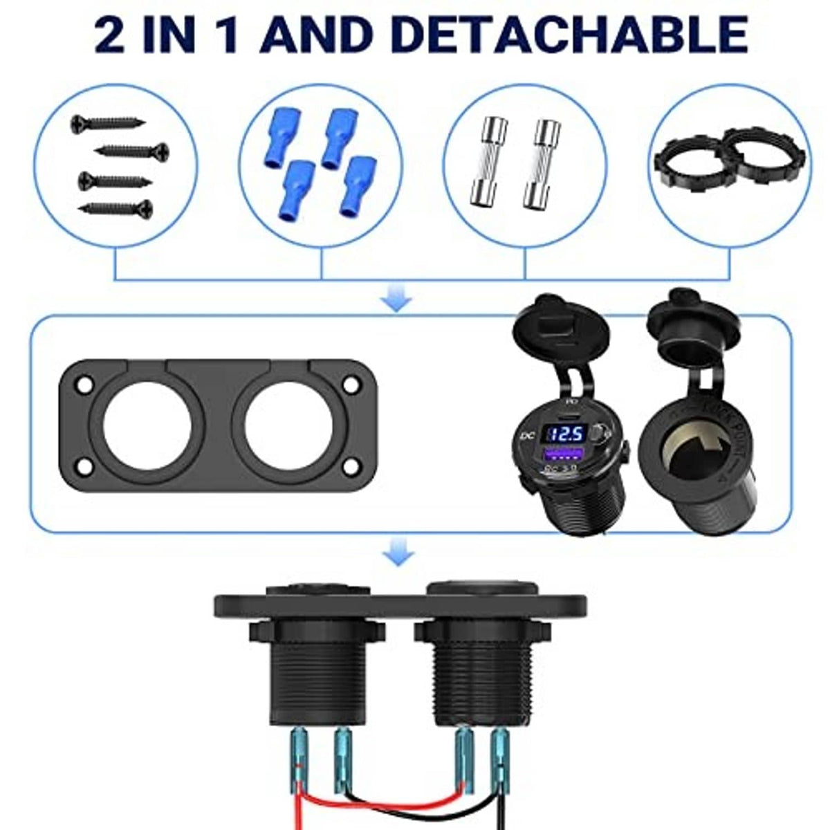 12V cigarette lighter USB outlet with two detachable charging modules and included hardware