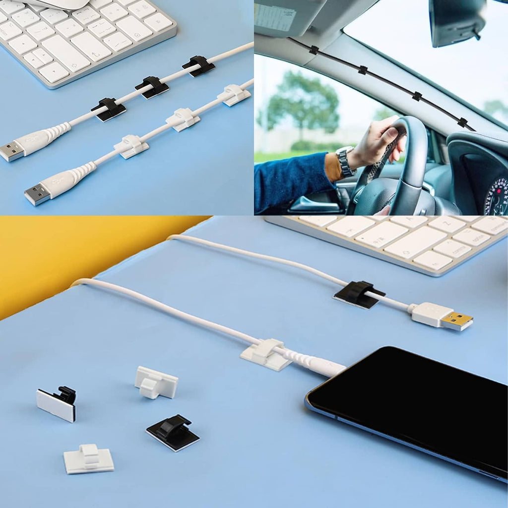 Black adhesive cable clips organizing charging and USB cables in a row