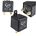 Black 12V DC split charge relay switch with 4 terminals and mounting bracket