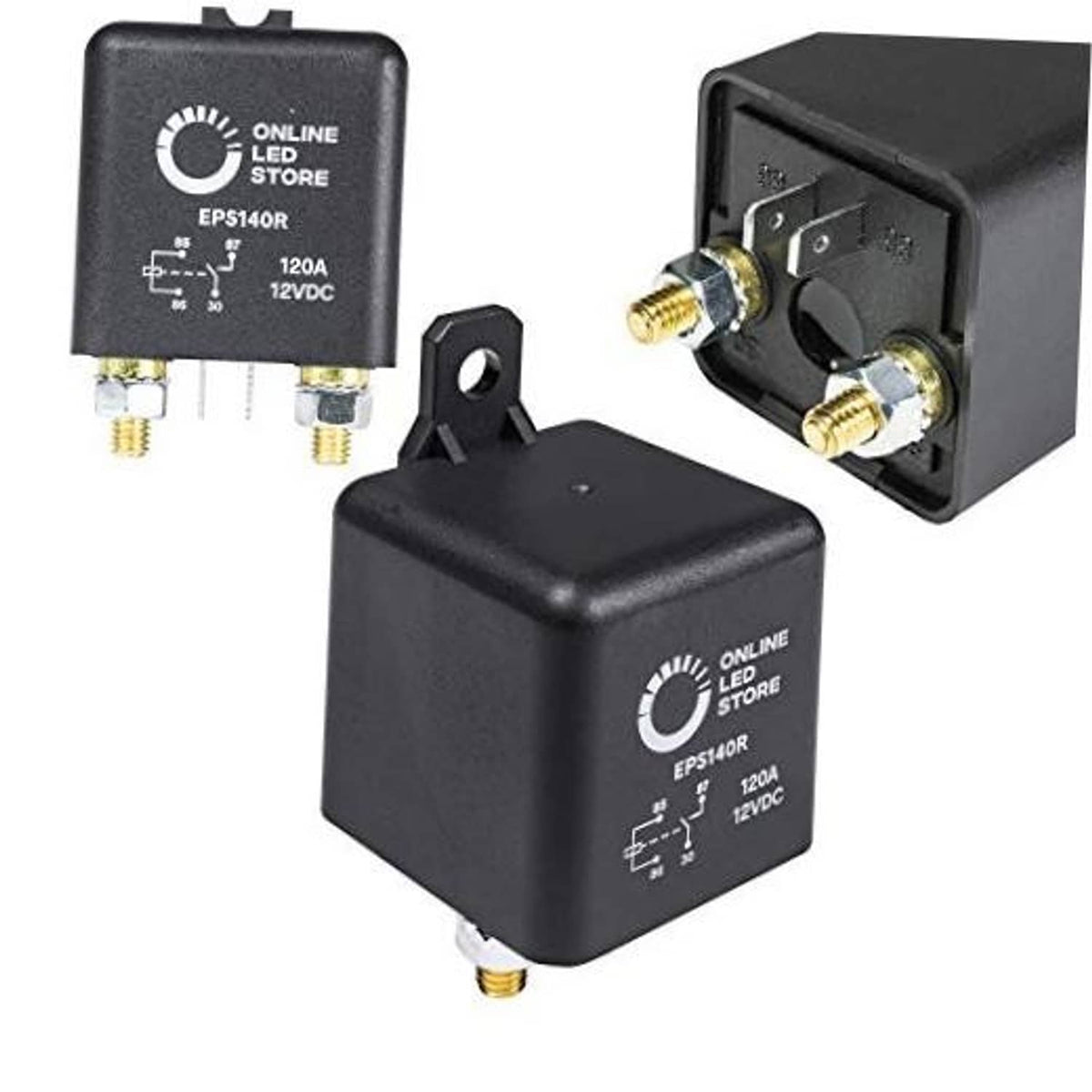 Black 12V DC split charge relay switch with 4 terminals and mounting bracket