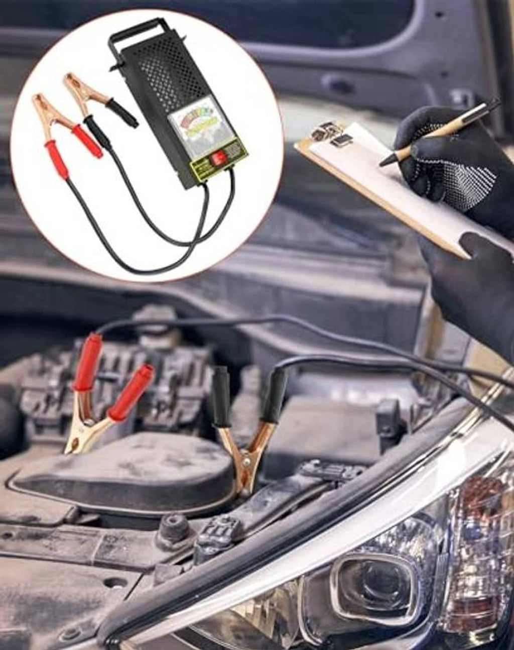 Battery load tester with test display and red/black clamp leads for vehicle use