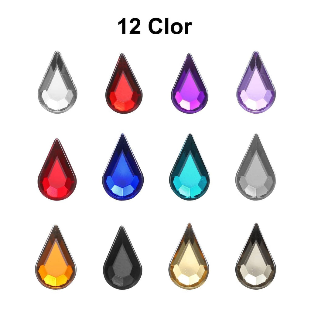 Acrylic teardrop gems in 12 colors, flat-back tear drops