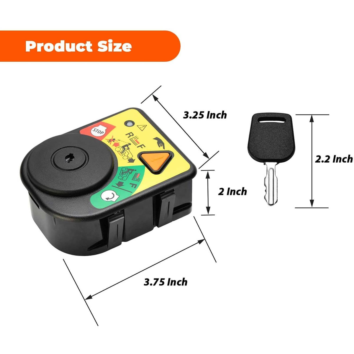 Ignition module switch with key and size diagram, black housing, 3.75 x 3.25 in