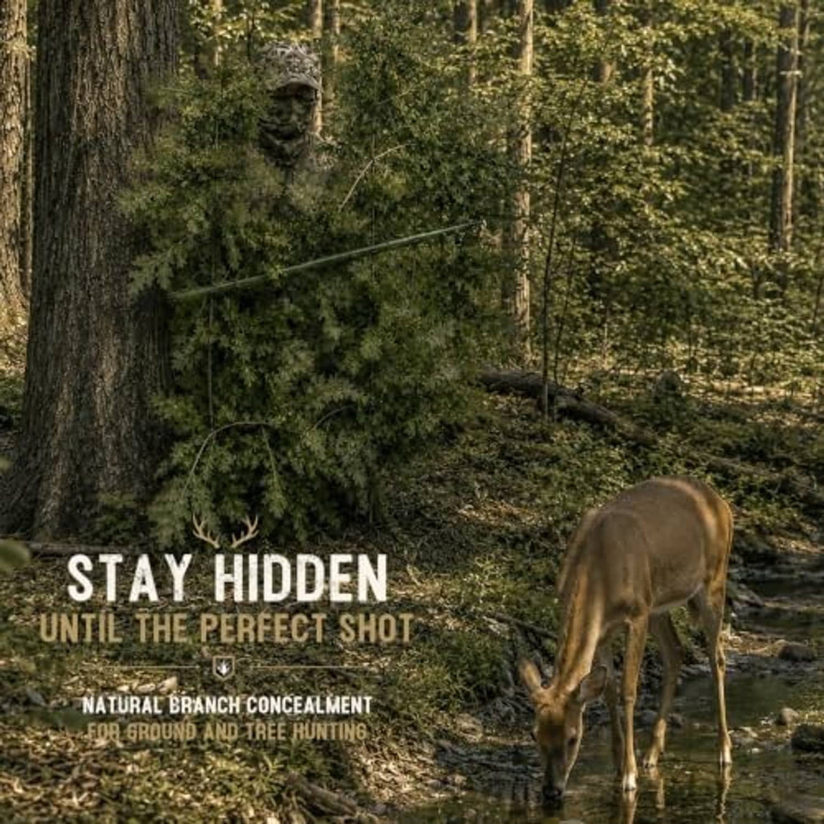 Camouflage branch stand with green hooks and concealed setup in forest greenery