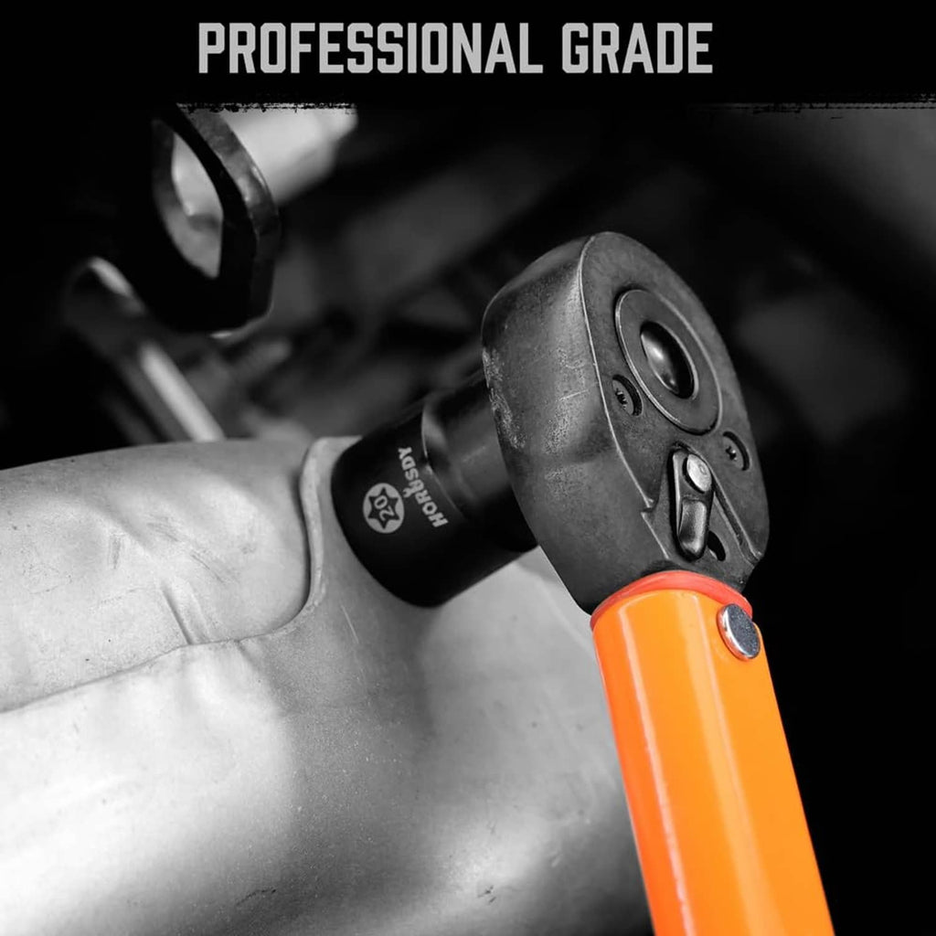 Torx socket on a wrench handle with orange grip and black socket head