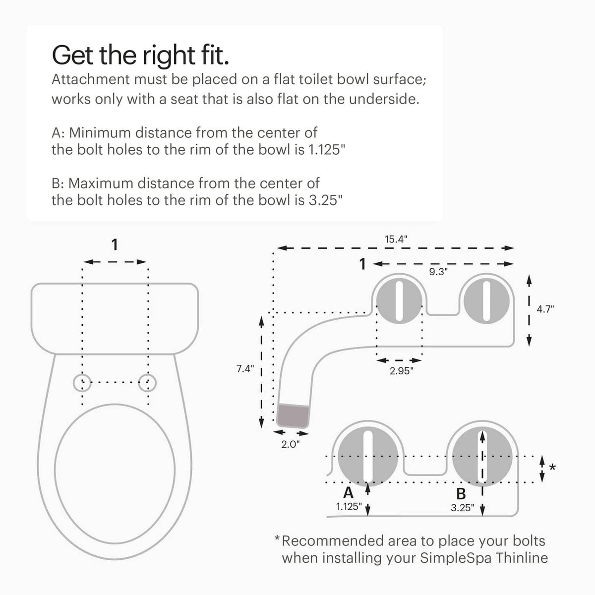 Brondell SimpleSpa SS-150 attachment fitting diagram with bolt placement guidelines