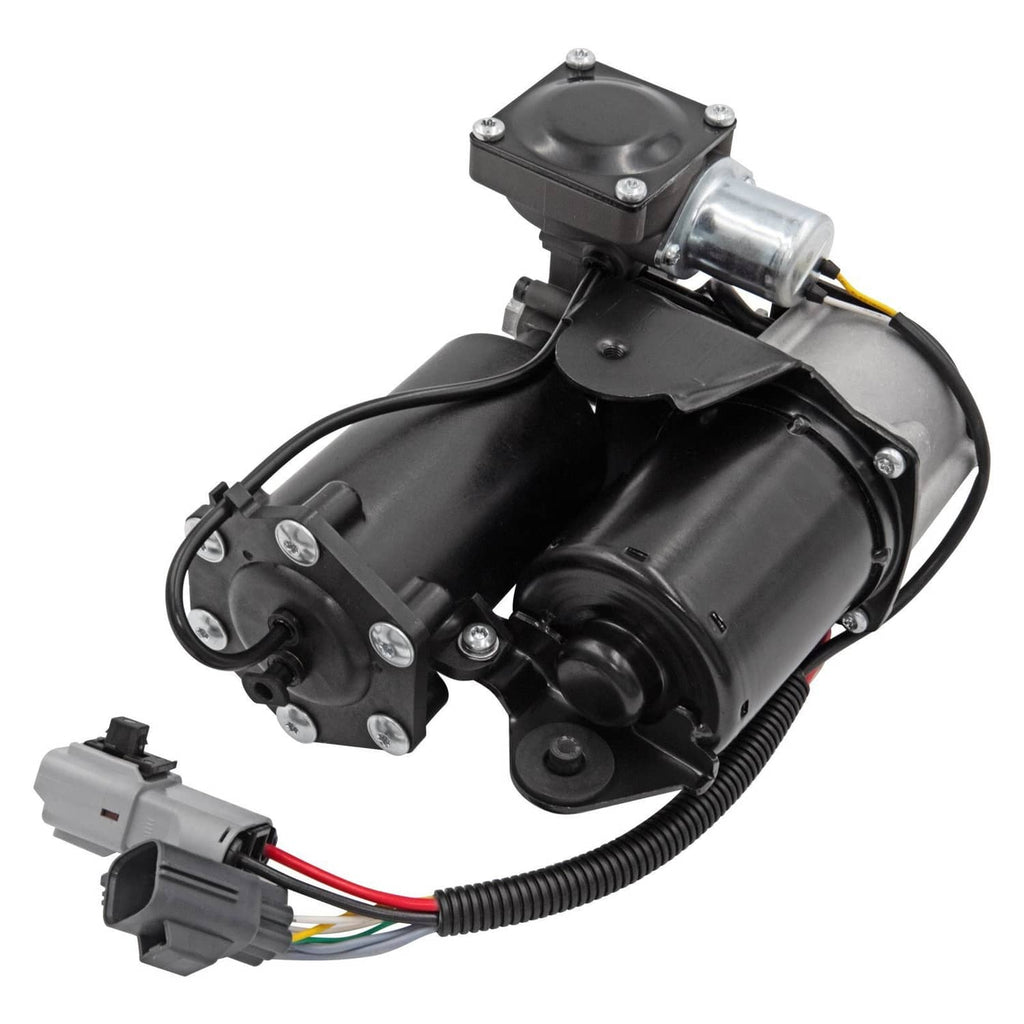 Air suspension compressor pump with black body, silver cylinder, and attached wiring harness