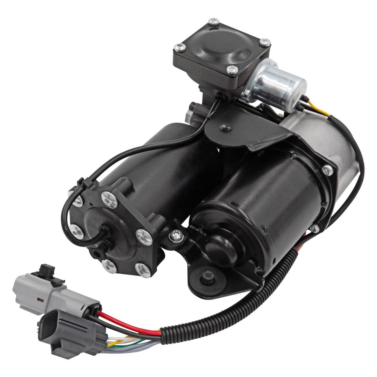 Air suspension compressor pump with black body, silver cylinder, and attached wiring harness