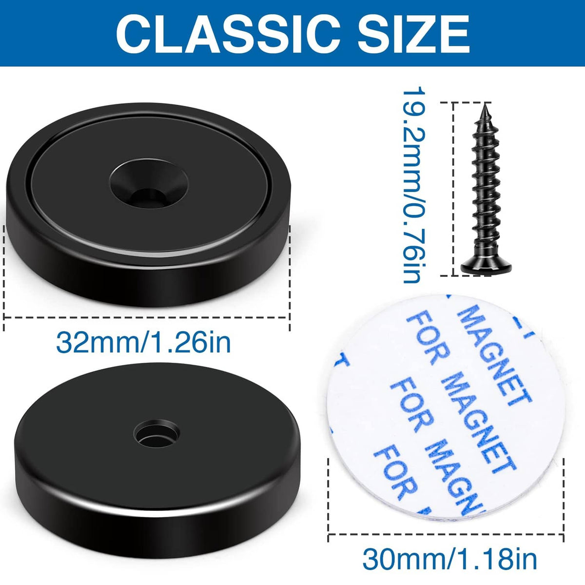 Black round magnets with center countersunk hole, shown with small mounting screws