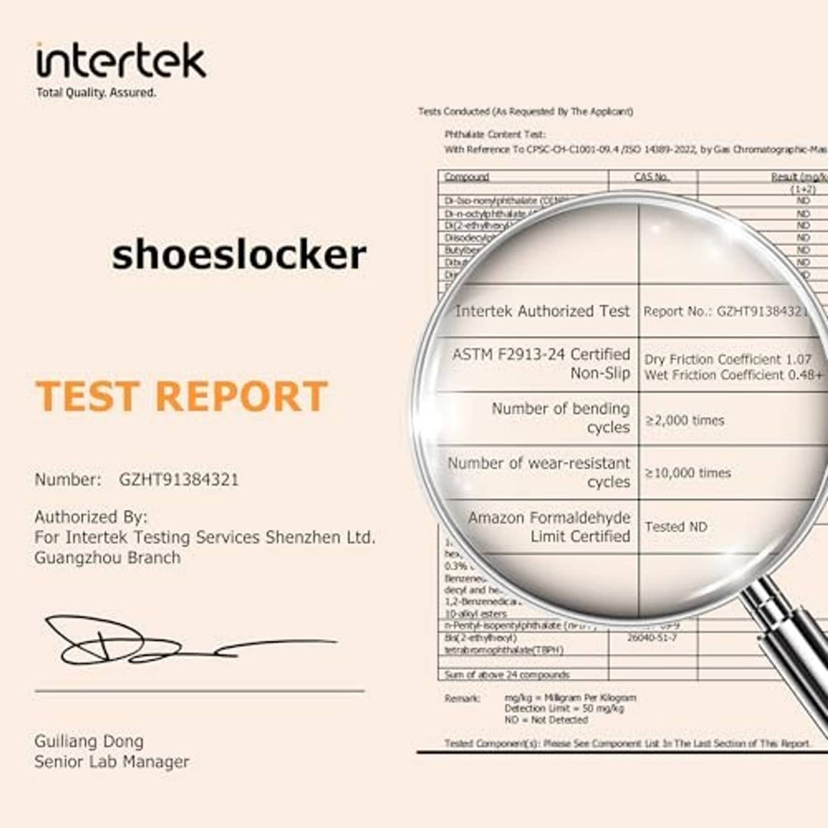 Slippers test report document with certification details and magnifying glass