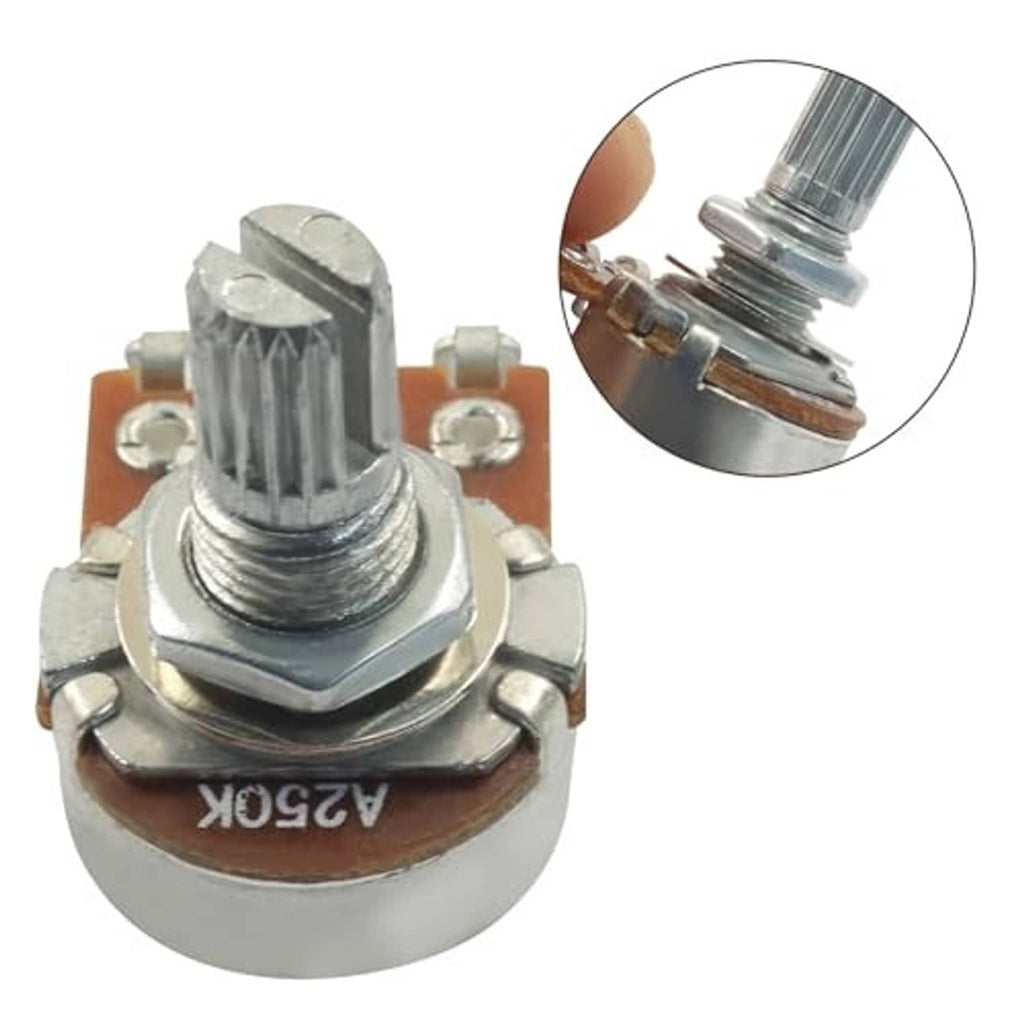 Guitar potentiometer with ribbed metal shaft and three solder lugs on brown base, silver mounting ring