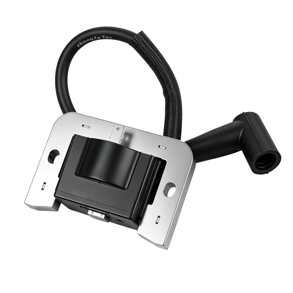 Ignition module with black coil, spark plug wire, and metal mounting bracket